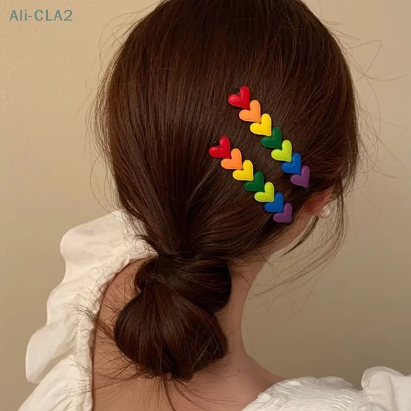 

INS Blogger Same Model Korean Cute Rainbow Love Heart Hairpins Hairgrips Summer Color Barrettes Hair Clips For Women Accessorie