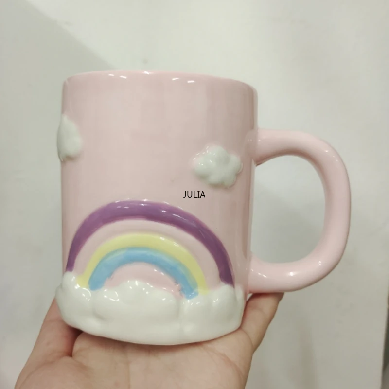 

Hand Painted Rainbow Lattice Kawaii Mugs Underglaze Ceramic Cute Coffee Tea Milk Cup Dessert milk fufu cup Handmade Gift