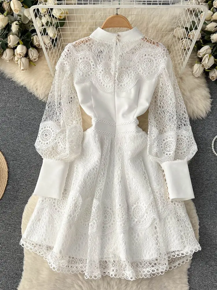 Sweet White Lace Floral Embroidery Hollow Out Dress Summer Women's Bead Bow  Short Sleeve Short Dresses Runway Vestidos - Dresses - AliExpress