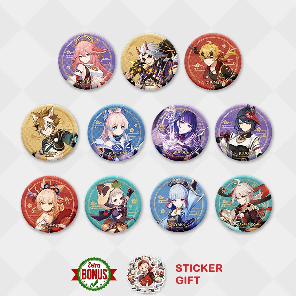 Металлический значок Genshin Impact Badge Yae Miko Raiden Shogun Arataki Прокат Kazuha Thoma Kokomi Kujosara Yoimiya Ayaka