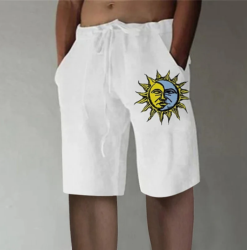 

New Men's Cotton Linen Shorts Men Pants Loose Solid Sun Print Summer Breathable Linen Trousers Fitness Shorts Men Streetwear 5XL