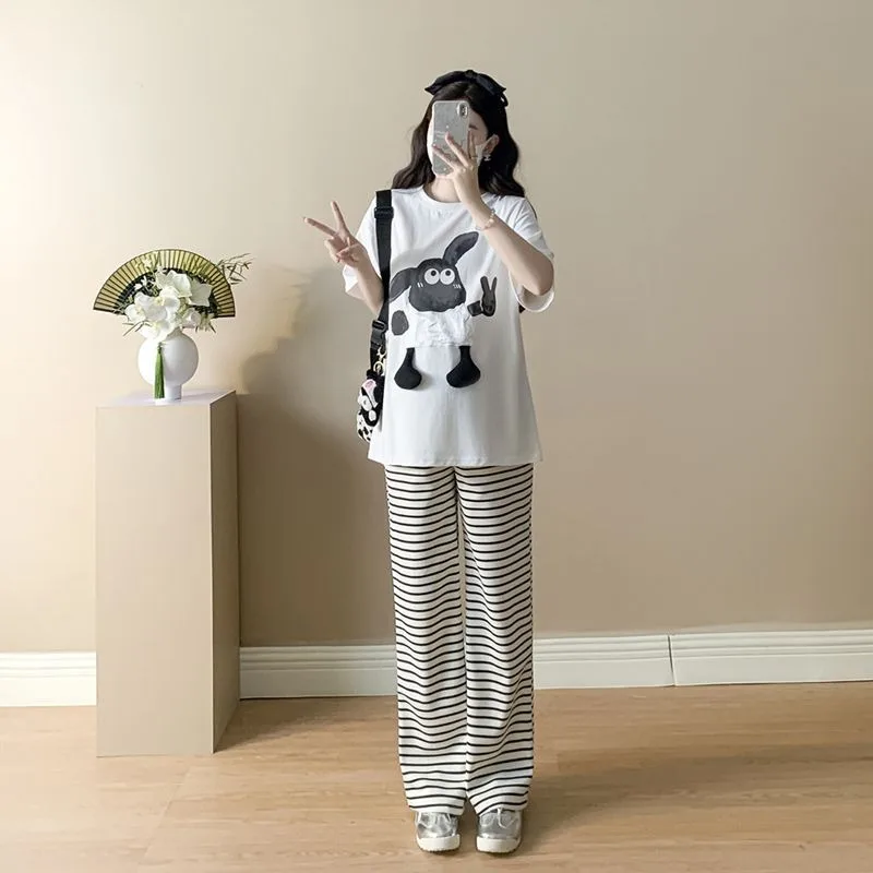 여름 임부복 세트 2025 신상 한국 버전 3D 순면 반팔 스트라이프 와이드 팬츠 투피스 세트