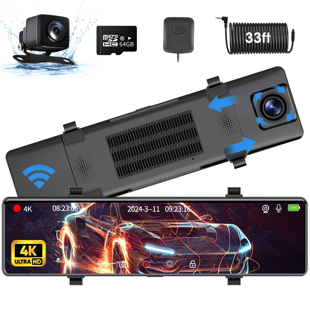 

12" IPS hud,4K Dash Cam Front and Rear(1080P FHD) with GPS & WiFi, Dual Dashcam for Car with Super Night Vision,APP Control