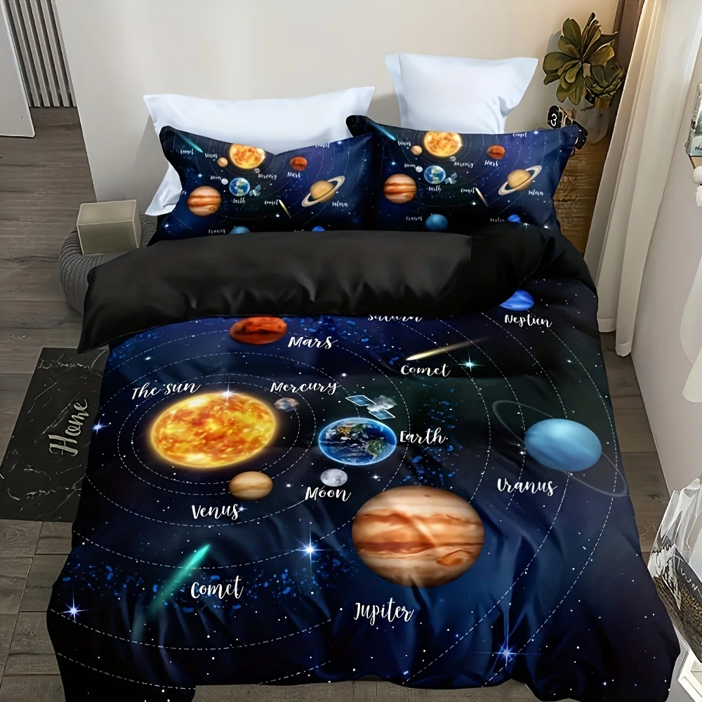 

3pcs Solar Bedding Planet Star Galaxy Kids Guest Room Duvet Cover Set (1pc* Duvet Cover + 2pcs Pillowcase, No Pillow Core)
