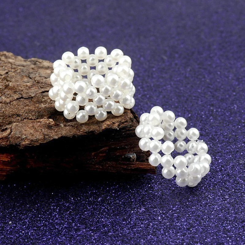 Fashion Beaded Pearl Rings Artificial Pearl Rings for Women Girl Set Adjustable Elastic Ring ring set