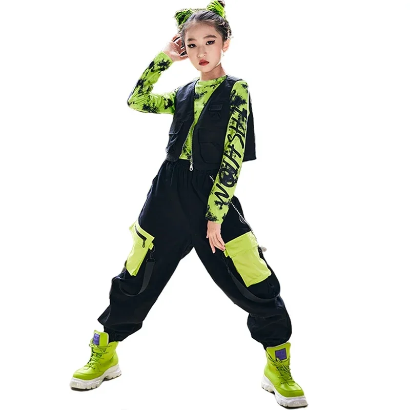 Girls Green Crop Tops Vest Cargo Pants Kids Catwalk Modern Jazz Performance Wear Stage Costume Hip Hop Dance Clothes