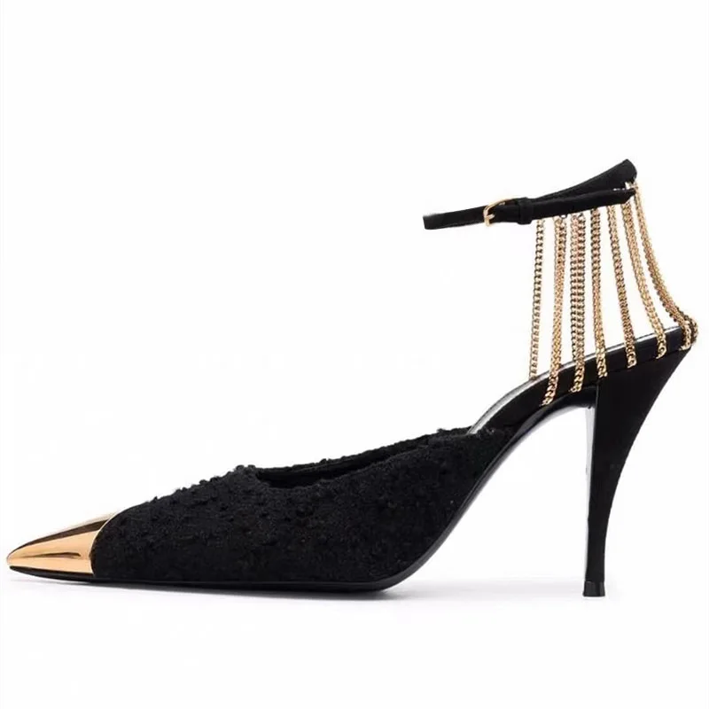 2024 Metal Chain Pointed High Heels, Women's Slim Heels, Niche Sexy Temperament, Wrapped Sandals, Single Shoes