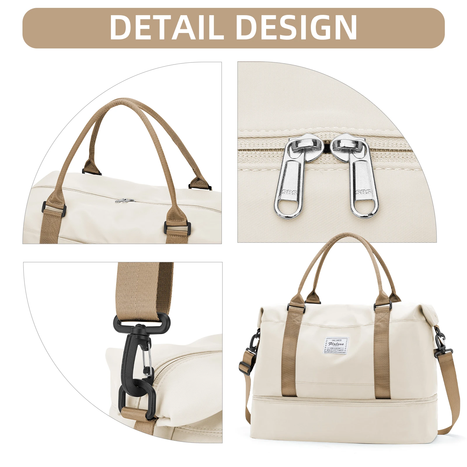 Women's Large Capacity Bag, Airplane Travebags Weekend Bag,Sports and Gym Travel Backpack,Expandable Waterproof Travel Bag Khaki