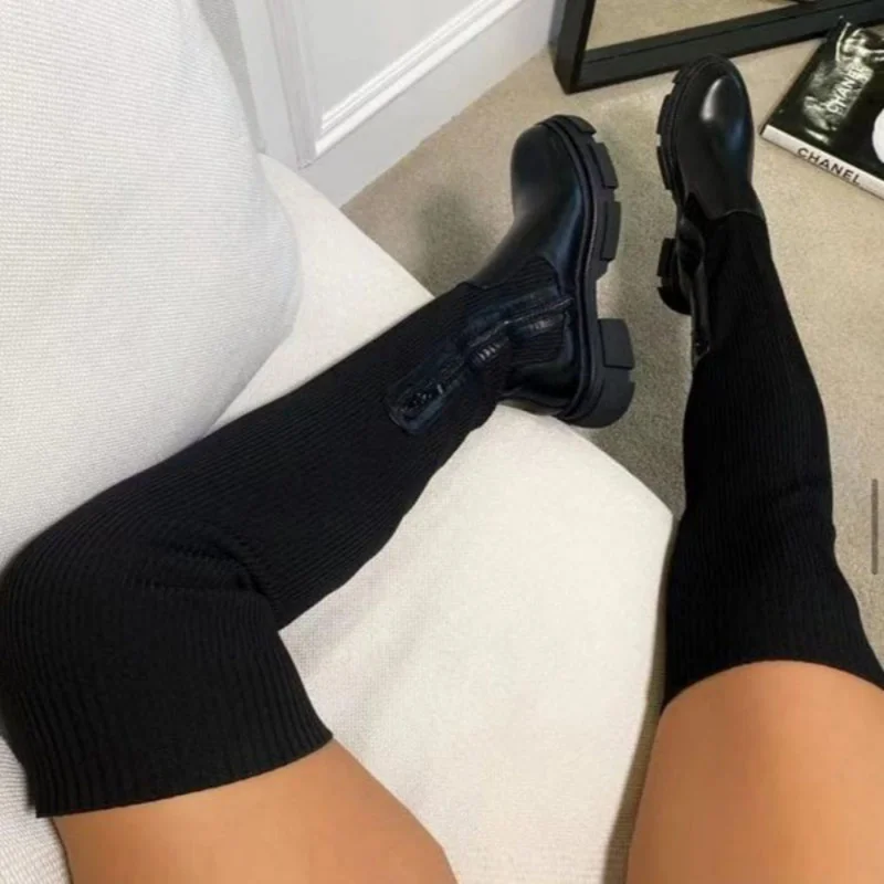 Women Over Knee Boots Thick Heel Slim Fit Winter Velvet Stretch Boots Ladies Autumn Winter Platform Botas Mujer Goth