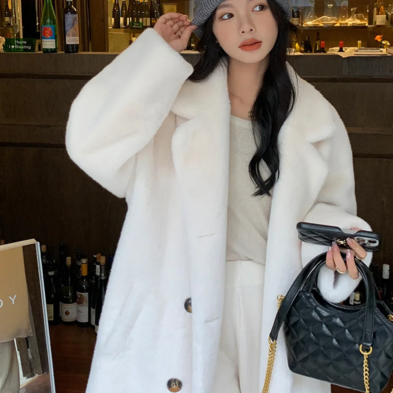 Women High-Quality Imitation Mink Fur Winter Thickening Coat Plus Size Long Faur Collar Overcoat Turn-Down Collar Loose Coat