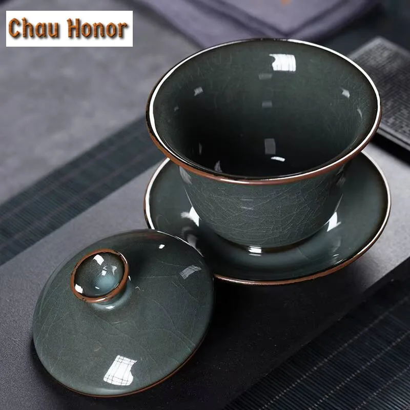 150ml Longquan Celadon Iron Tire Sancai Cover Bowl Ceramic Househol ice crack Tea Cup Kung Fu Teaset Tea Ceremony Drinkware Gift