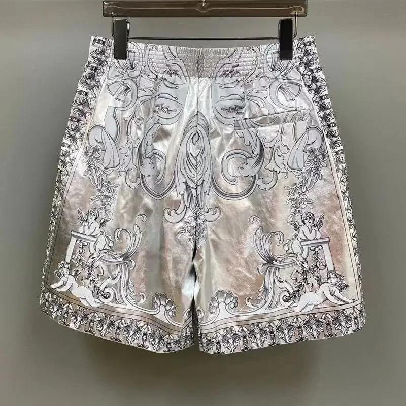 Summer New Style Men's Beach Pants, Metal Silver Fashion Pattern Printing, Elastic Casual Shorts Quick-dry Straight Pants