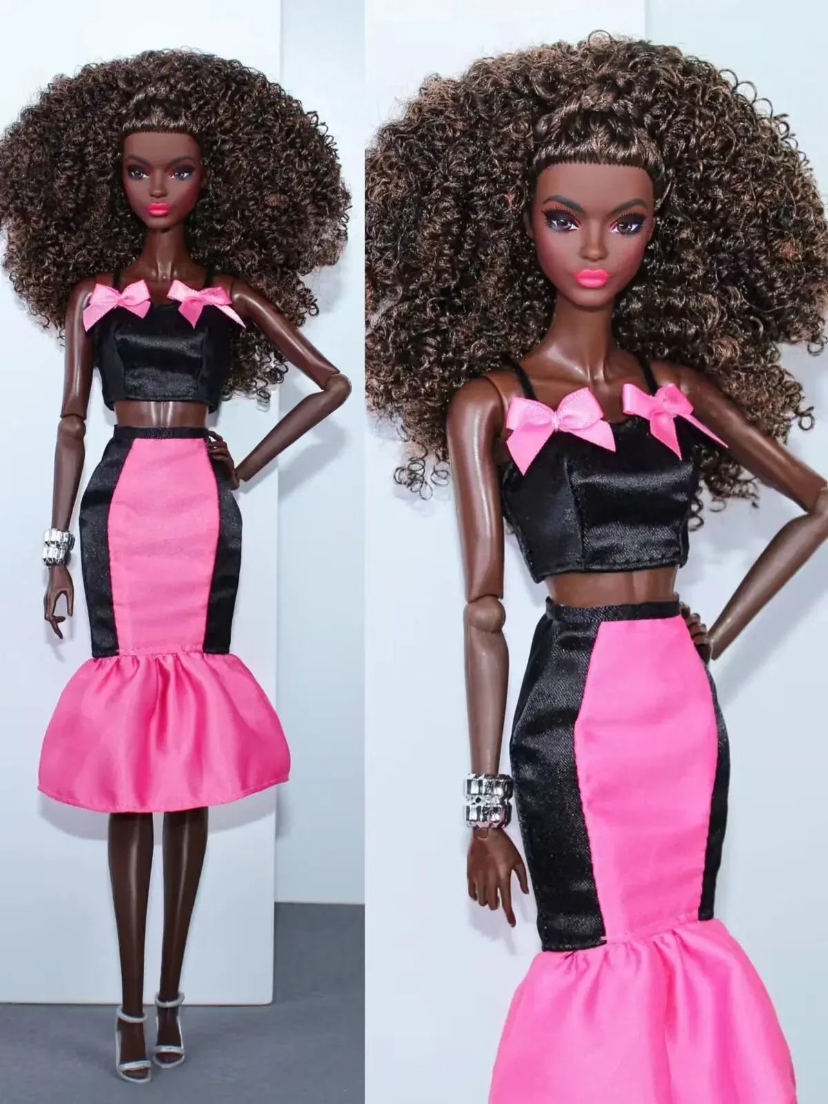 Fashion Black Hot Pink 1/6  Doll Clothes For Barbie Dress For Barbie Clothing Princess Outfits Top Skirt 11.5