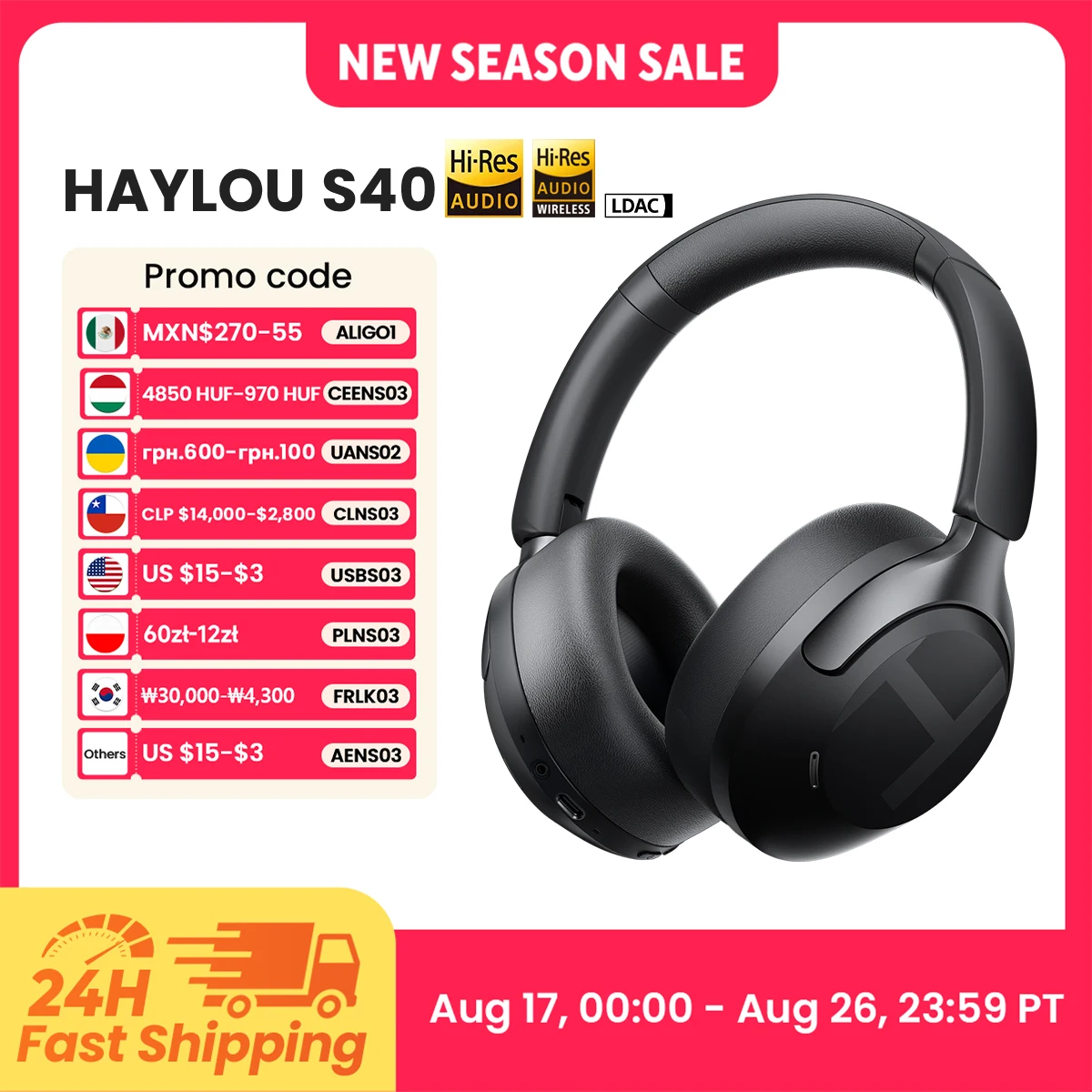 Cuffie Wireless HAYLOU S40 ANC con Cancellazione del Rumore 50dB, Audio Spaziale 3D Hi-Res, Auricolari con LDAC Bluetooth 6.0, Cuffie Over-Ear