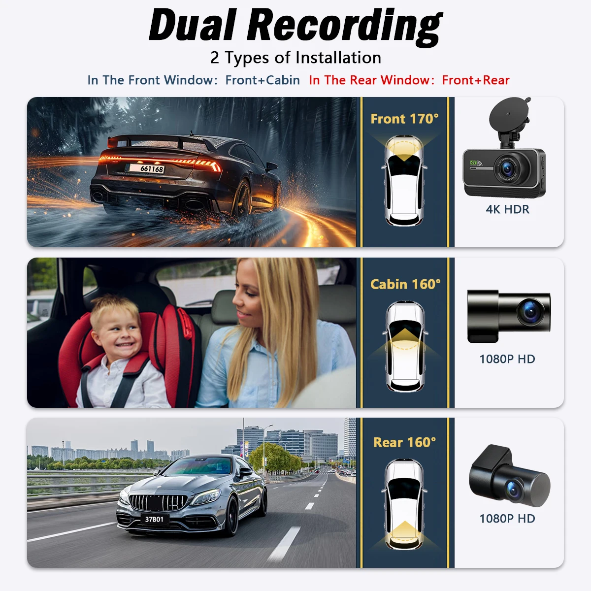 كاميرا سيارة داش كام 4K واي فاي لتسجيل الفيديو، مسجل فيديو DVR، صندوق أسود، قناتان أمامية وخلفية، وضع ركن السيارة 24 ساعة، رؤية ليلية عالية الدقة