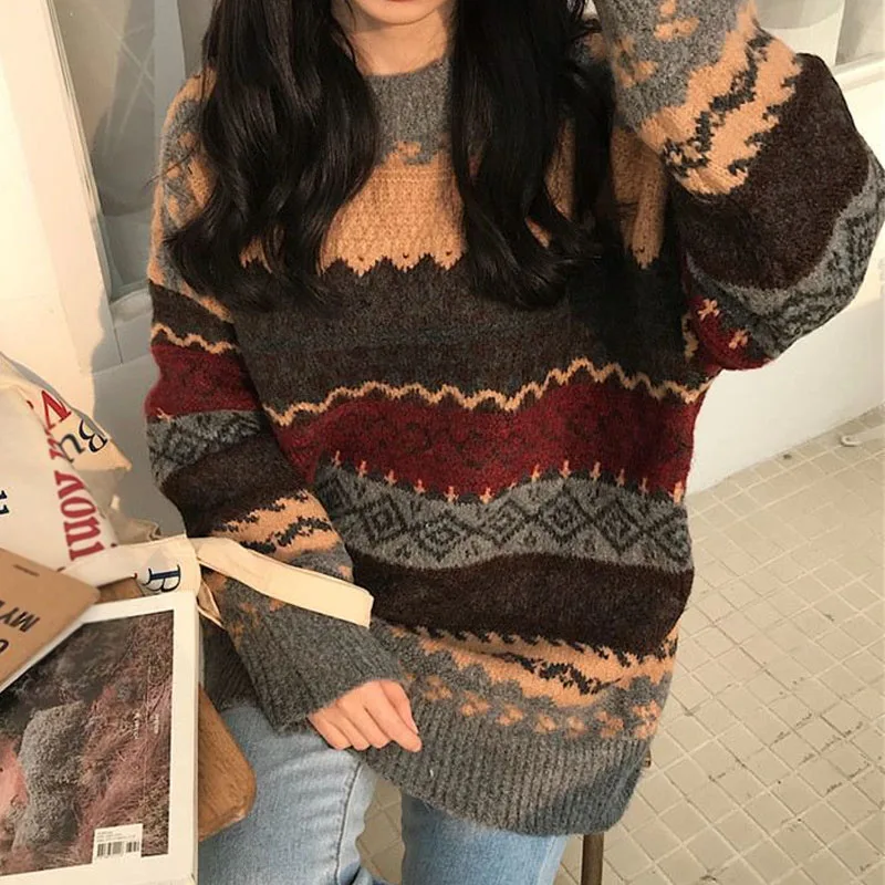 

Autumn Vintage Striped Pullover Jumpers Korean Style Loose Sweater Women Winter Casual O-neck Knitwear Fashion Pull Femme 28516