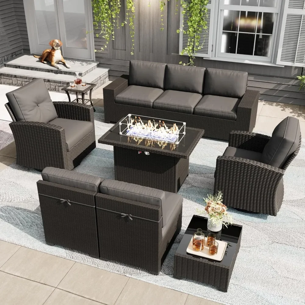 10 piece outdoor sofa set with fire pit table,modular combination of rattan outdoor conversation sofa set,rotating rocking chair 6