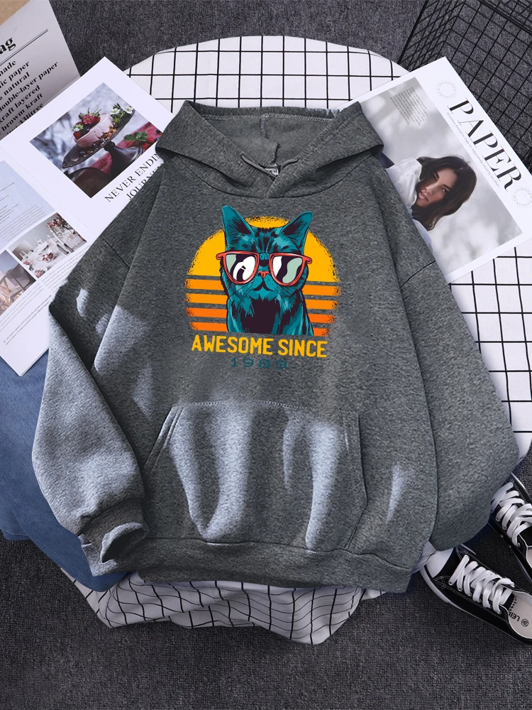 

Awesome Since 1989 Sunset Background Sunglasses Cool Cat Print Woman Hoody Vintage Clothes Fashion Pullover Casual Women Hoodies