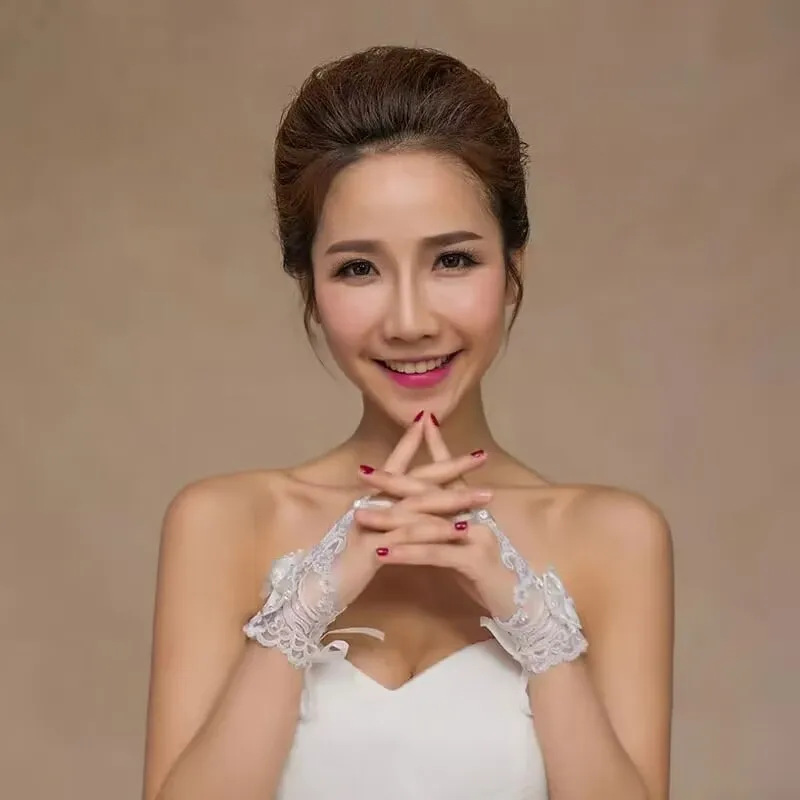 Lace Wedding Dress Gloves Short Bridal Fingerless Inlaid Rhinestone Bowknot