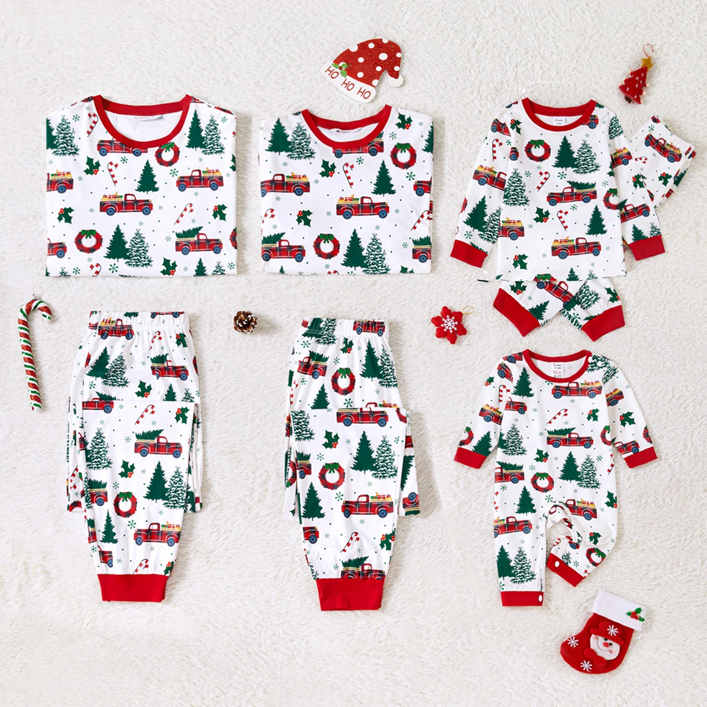 Conjuntos de pijamas familiares a juego de Navidad PatPat Conjuntos de pijamas familiares de manga larga con estampado de árboles de Navidad y autos (resistentes al fuego)