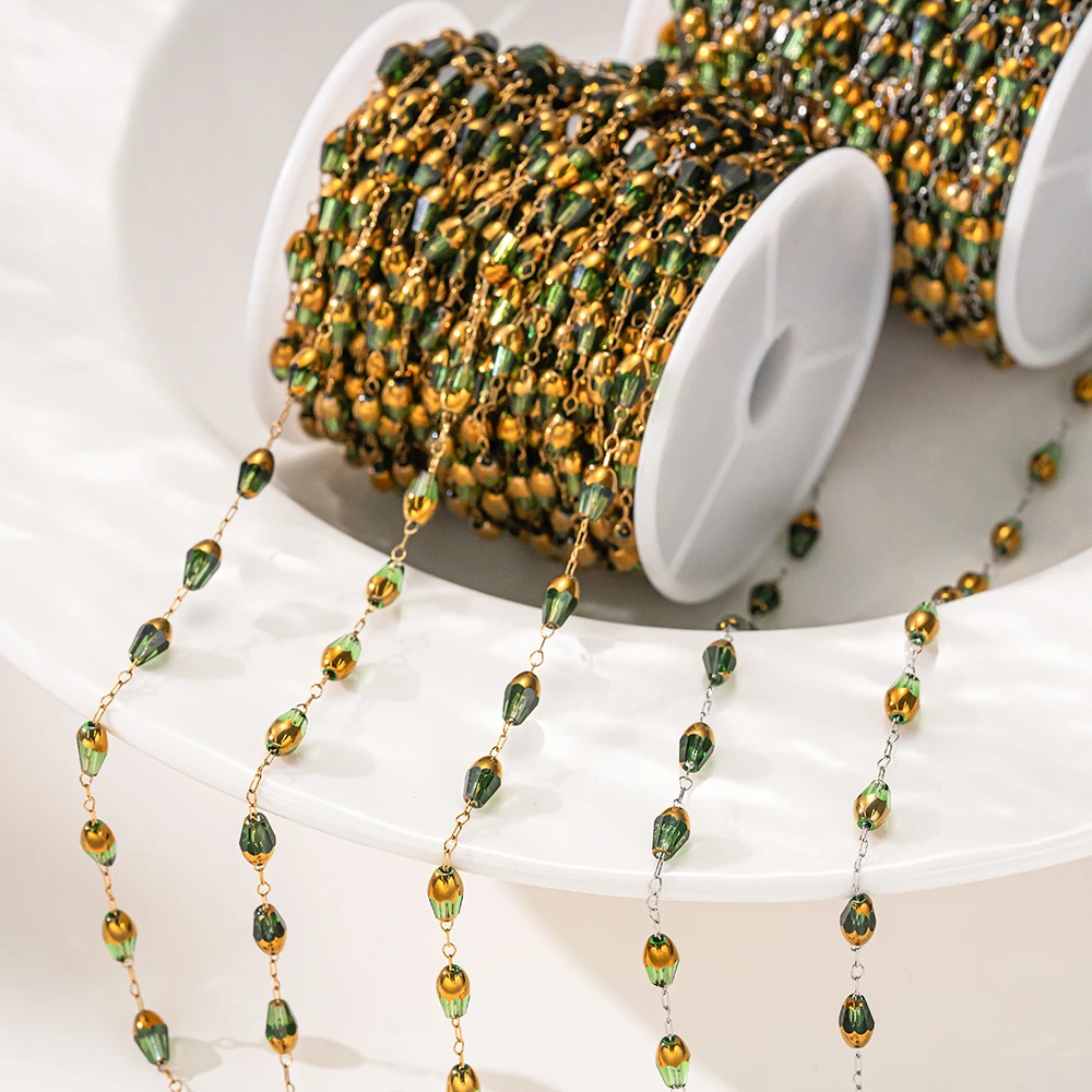 1 Meter grüne Strass-Edelstahl-Perlenkette für DIY Armband- und Halskettenherstellung – Bastelbedarf – Detail 4