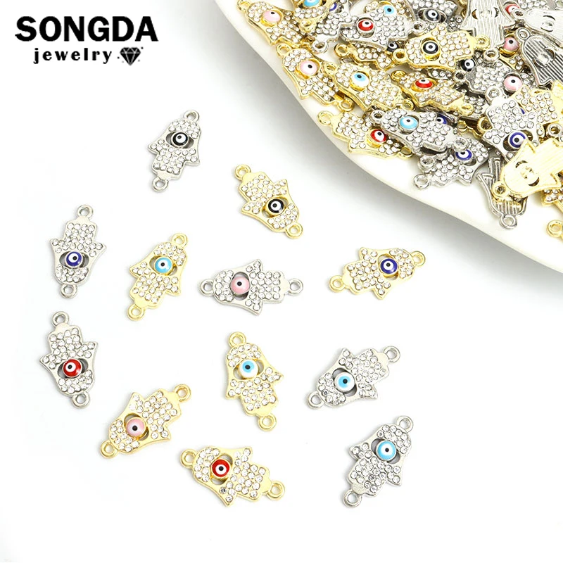 

15pcs Hamsa Hand Rhinestone Alloy Charm Connector 11.7*20.4mm Lucky Evil Eye Decoration Metal Pendant DIY Jewelry Gift Accessory