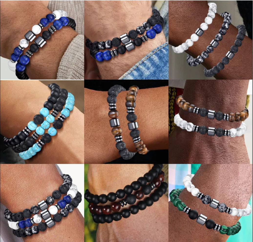 Poxtex 5-Piece Men's Natural Stone Bracelet Set - 8mm Tiger Eye, Lava Rock, Black Agate & More - View #8