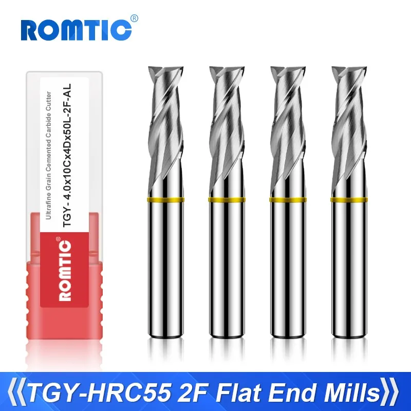 

ROMTIC TGY-HRC55 2-Flute For Aluminu Tungsten Steel Carbide Milling Cutter CNC Mechanical Machining Center Flat End Mill Tools
