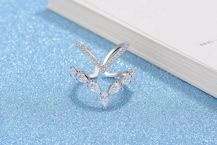 925 Sterling Silver Irregular Double Layer Zirconia Ring For Women Resizable