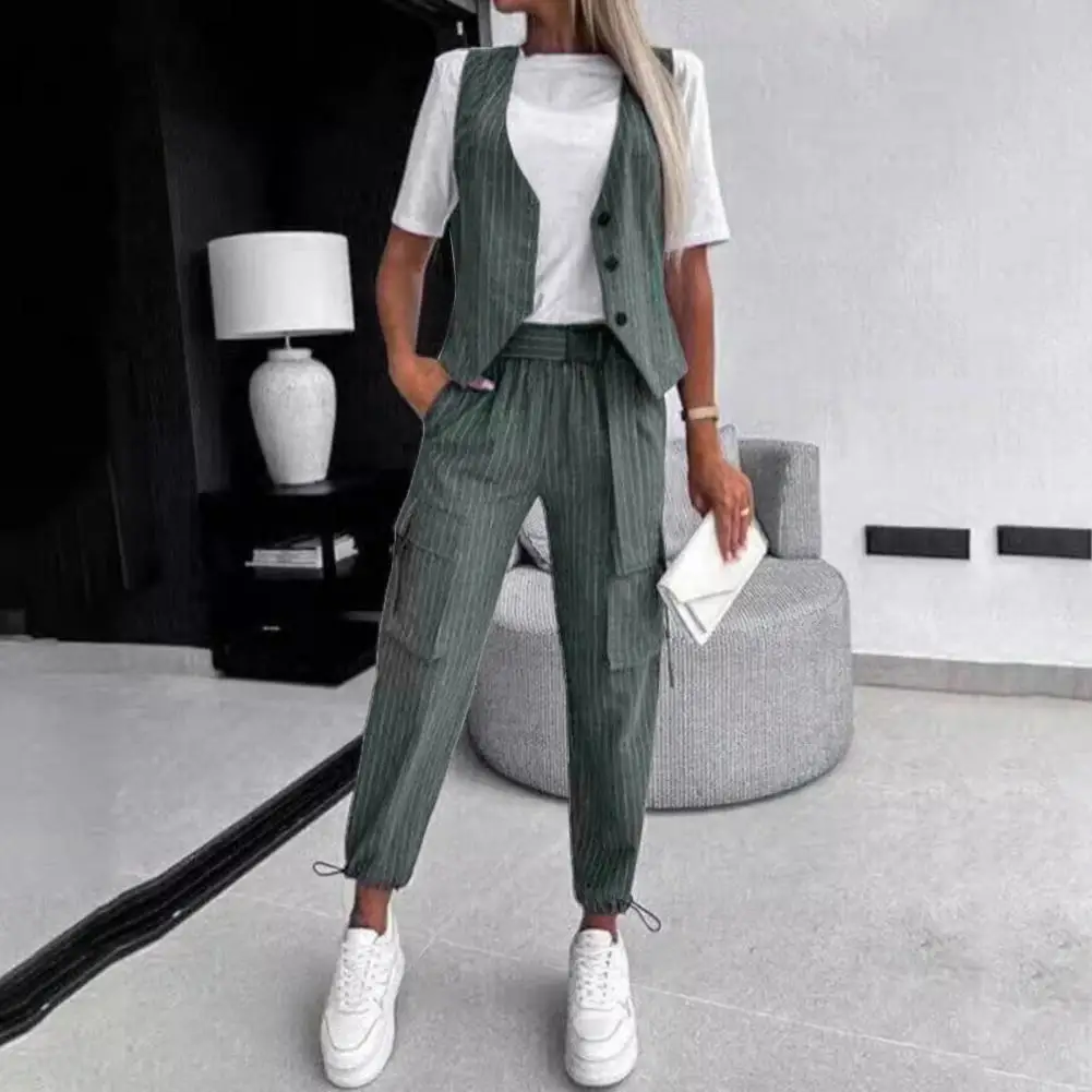 2 Pcs Women Vest Pants Set V Neck Waistcoat Striped Printed Drawstring Hem Ninth Trousers Formal Commute Office Top Pants Set