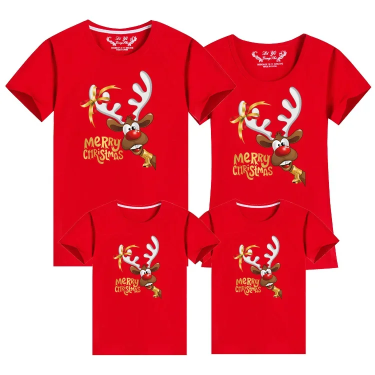 thumbnail image 1 of Camisetas con estampado de alce de Papá Noel para parejas, camisetas navideñas de algodón de manga corta, ropa a juego para la familia, camisetas para papá, mamá, hija, conjuntos familiares, 1 of 5