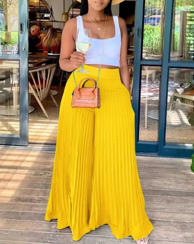 

Pants for Women 2023 Spring Fashion Pleated Casual High Waist Plain Daily Wide Leg Long Vacation Pants Y2K Streetwear