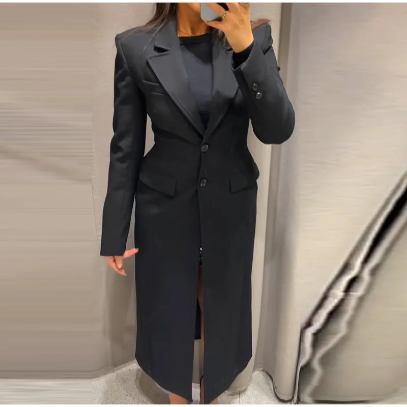 Vintage Lapel Black Long Overcoat Women Slim High Waist Full Sleeve Single Breasted Shoulder Pad Coat New Spring Commute Outwear