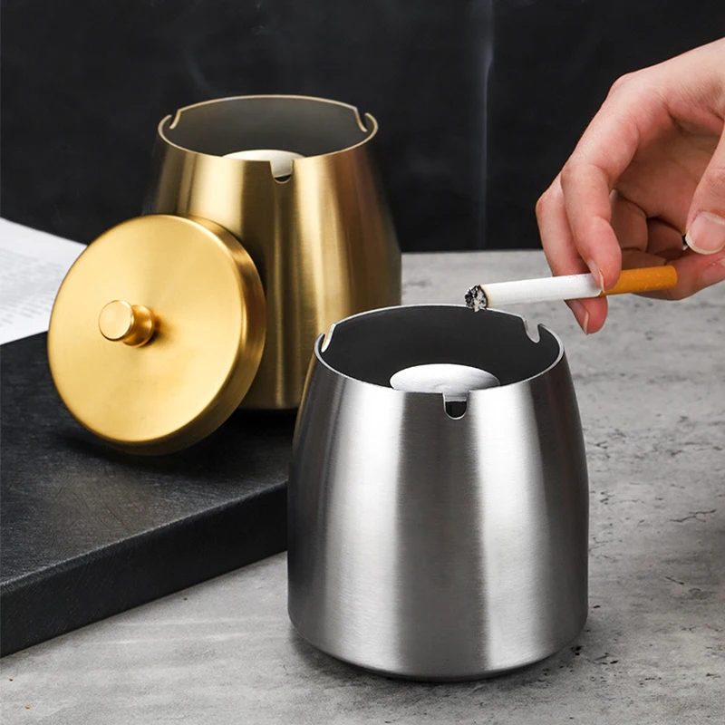 Thickened Stainless Steel Desktop Ashtray With Lid Smokeless Heightened Windproof Ashtray For Office Home Decor