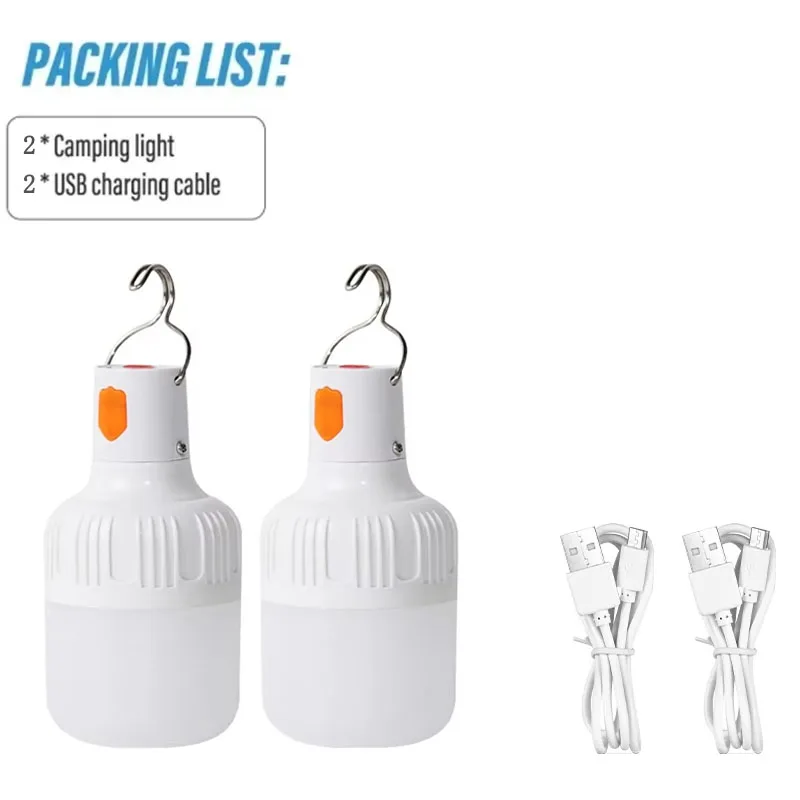 2PC Camping Brightness Light Portable Rechargeable Dimmable LED Bulb Outdoor Tent Light Emergency Night Light with Hook