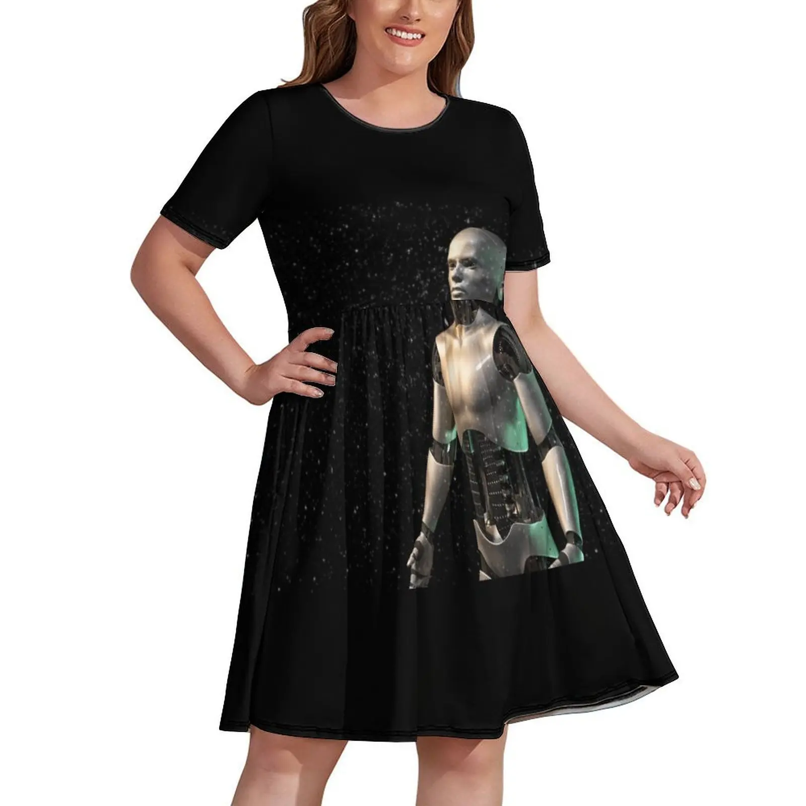 

futuristic robot, shiny android man surrounded by glittery dust Dress women's elegant loose dresses wedding dresses for woman