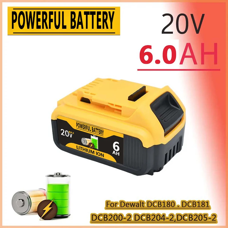 20V 5Ah 6Ah 18650 Li-Ion Rechargeable Battery, for Dewalt Power Tools Replaceable Battery DCB205 DCB201 DCB203