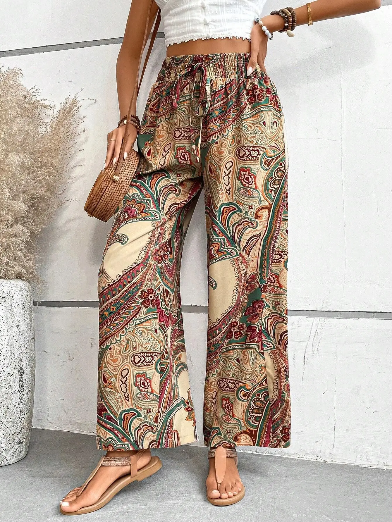 

Women's Thigh Pants Flower 2024 Summer New Fashionable Printed Elastic Waist Wide Leg Pants Pantalones Anchos Mujer Pantaloni