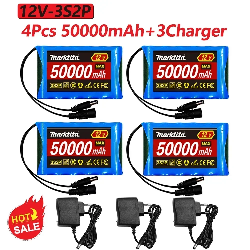 

18650 12V Rechargeable Battery Portable 50000mAh 3S2P Lithium Ion Battery Pack for Electronic Types LED Lamp Light Backup Power