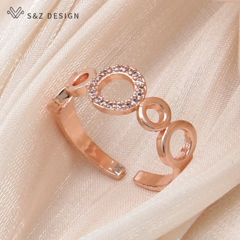 S&Z DESIGN New Fashion Round Micro Wax Inlay Cubic Zirconia Adjustable Rings For Women Vintage 585 Rose Gold Color Jewelry Gift