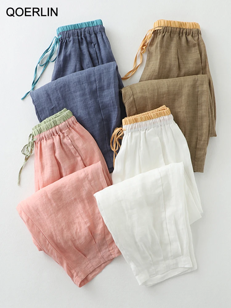 QOERLIN Cotton Linen Elastic Waist Contrast Color Harem Pants Chic Summer Breathable Lace-Up Loose Casual Ankle-Length Trousers
