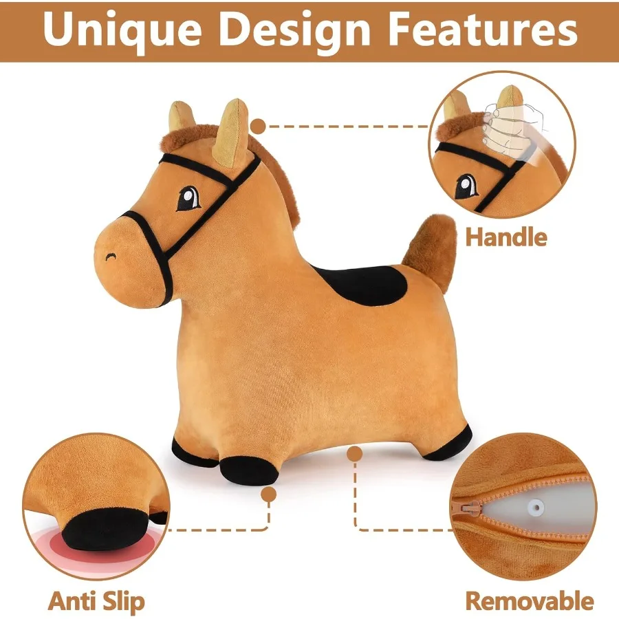 iPlay iLearn Bouncy Pals Brown Hopping Horse Toddler Plush Animal Hopper Toy with Inflatable Ride-on Bouncer and Built-in Pump