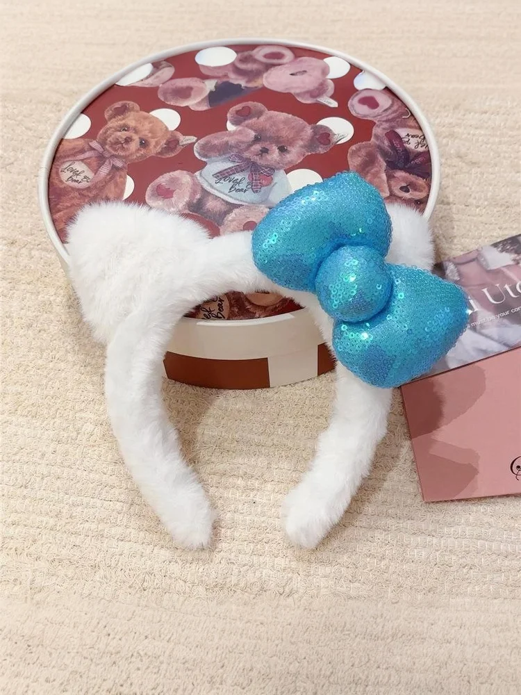 Super süßes Nischen-Haarband, lässiges Katzenohr-Plüsch-Stirnband, das zum Waschen des Gesichts verwendet wird. Pailletten-Schleifen-Stirnband, Damen-Foto-Haar-Accessoire – Detail 17