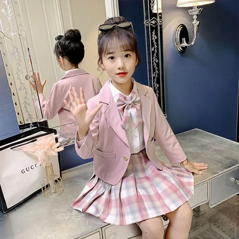 

Girls' Preppy Style JK Sets 3PCS Coat White Shirts Pleated Plaid Skirts 2023 Spring Bow Tie Fashionable Causal 5-12 Years Old