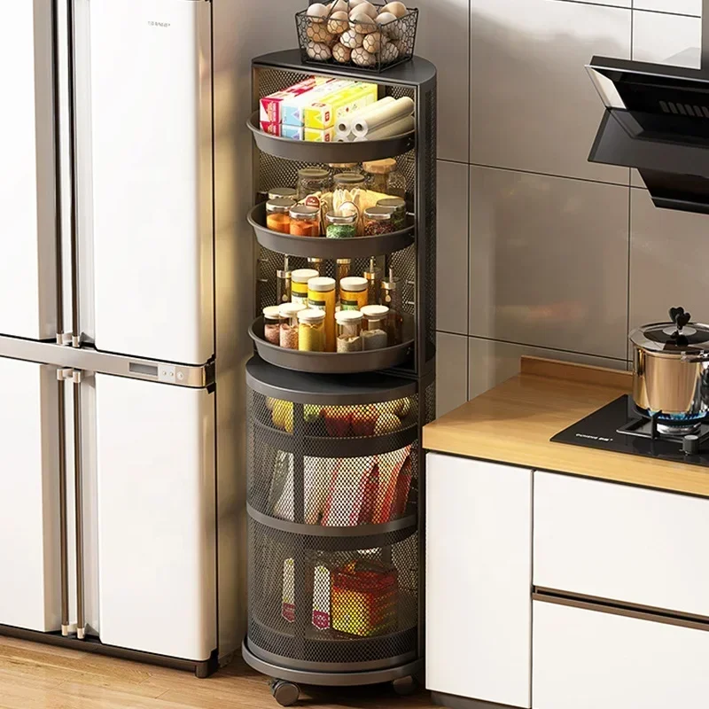 Luxury Kitchen Multifunctional Organizer Storage Vegetable Rack Cabinet Corner Rotatable Shelf With Door Wheeled Mobile Trolley