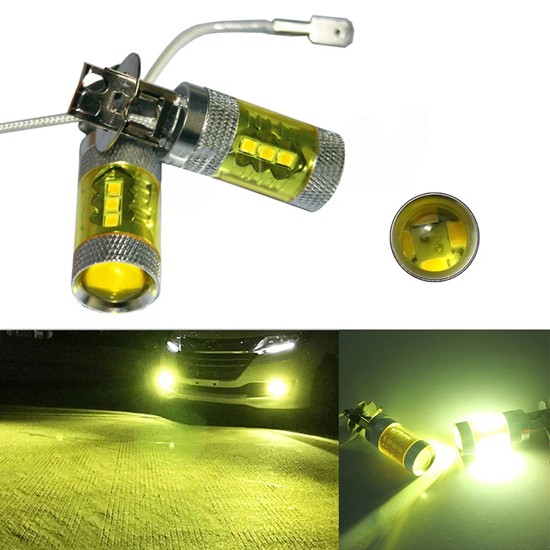 고휘도 LED 자동차 안개등 전구, 노란색 고출력 트럭 1500lm H3 80W 16SMD 저전력 소비 및 저열, 12-24V, 2 개 세트