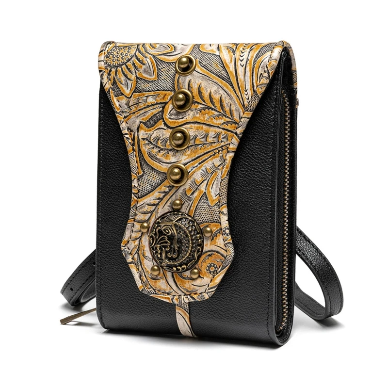 Vintage Small Waist Bag Gothic Embossed Rivet Crossbody Bag Cowhide Shoulder Bag Bag for Friends Birthday