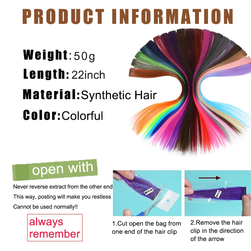 5 pieces of Colorful Clip on Synthetic Hair Extensions 22 inch Rainbow Wigs Suitable for Halloween Cosplay for Girls and Women