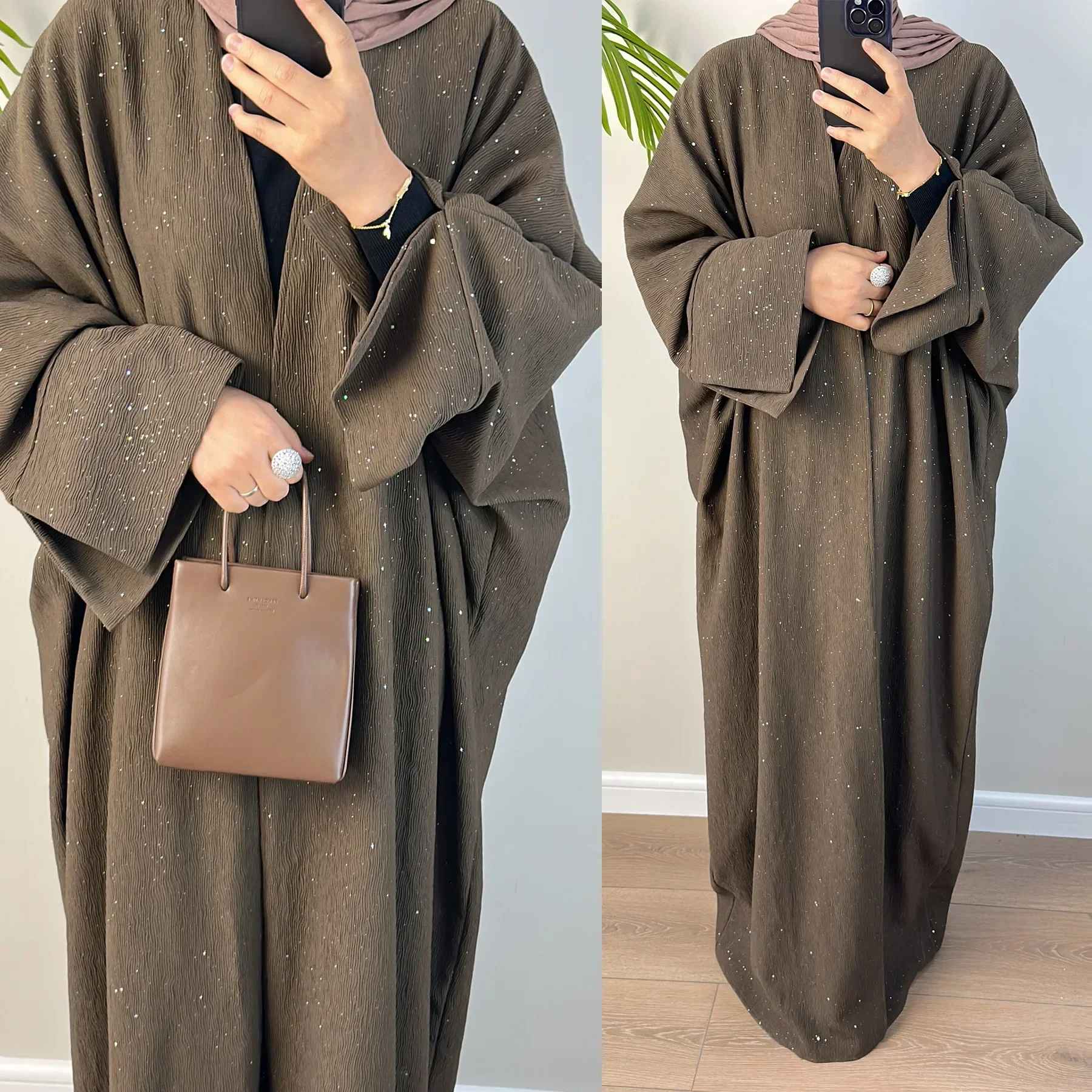 Winter Open Abaya for Women Kimono Muslim Abayas with Shining Powder Dubai Autumn Kebaya Modest Islam Outfit Kaftan Hijab Dress