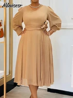 Mlaiscsr Elegant Pink A Line Loose Mid Dress for Women V Neck 3D Flower Design Puff Sleeve Office Evening Birthday Vestidos 2025 - Image 3